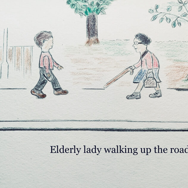 Elderly lady walking down the road